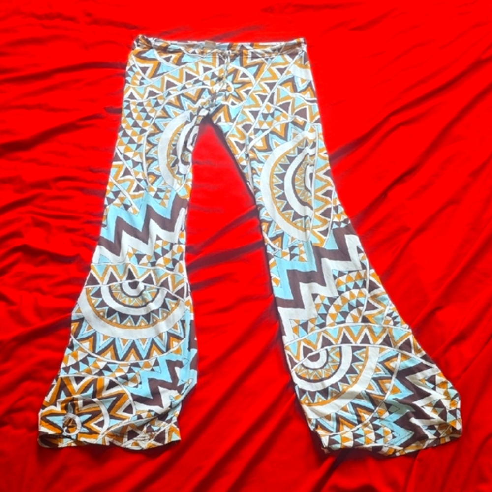 Boho Chic Wide Leg Pants - Blue and Brown Geometric